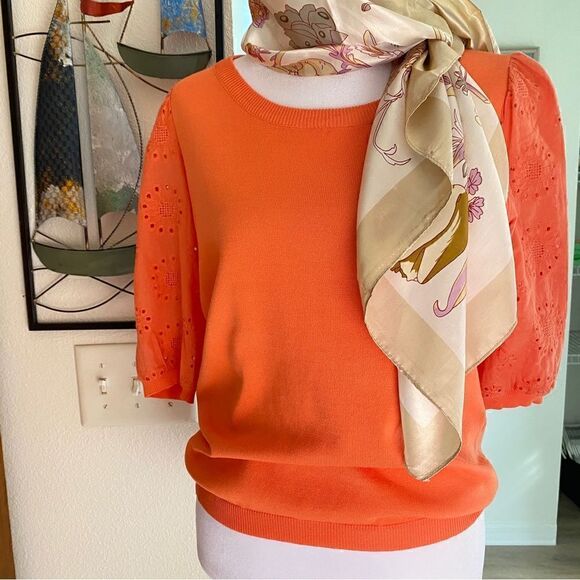 NEW NANETTE LEPORE CORAL LIGHTWEIGHT EYELET SHORT SLEEVE SWEATER S - Picture 8 of 15